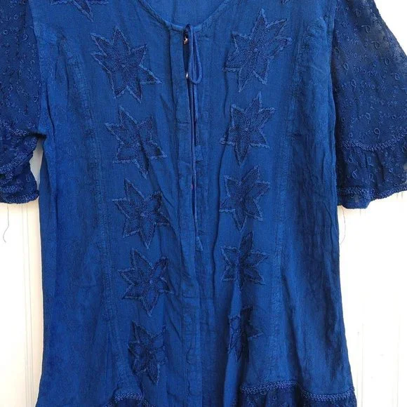 Holy Clothing Rachelle Tunic Top Size XL 1X Blue Ruffle Embroidered Tassels - Picture 5 of 11